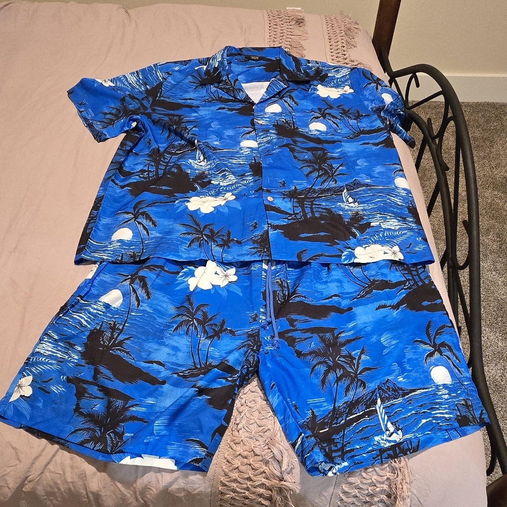 Men's Blue Tropical Print Swim Set